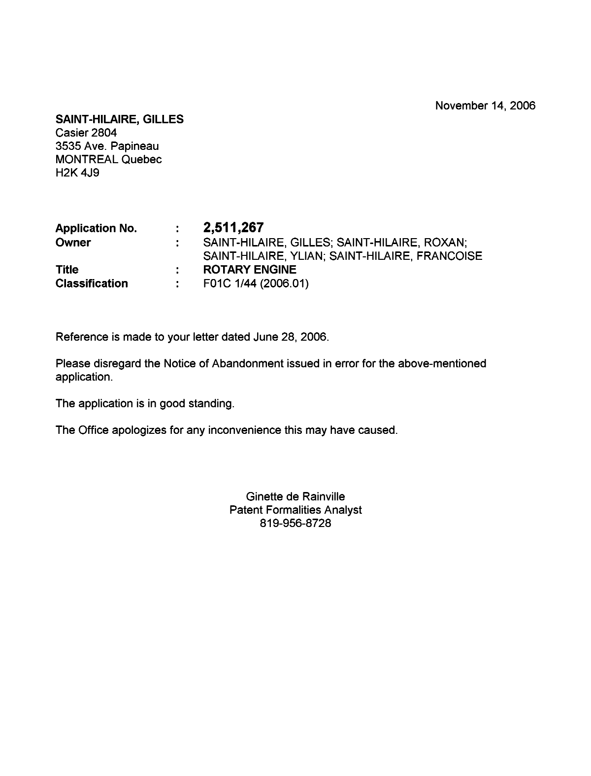 Canadian Patent Document 2511267. Correspondence 20051209. Image 1 of 1