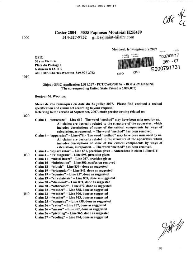 Canadian Patent Document 2511267. Prosecution-Amendment 20070917. Image 1 of 31