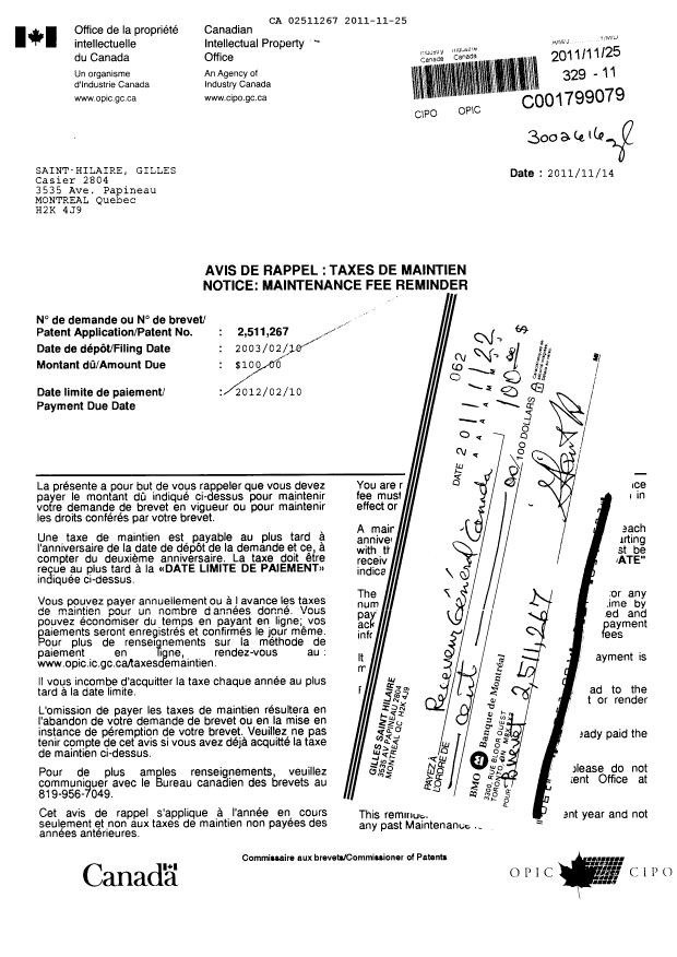 Document de brevet canadien 2511267. Taxes 20101225. Image 1 de 1