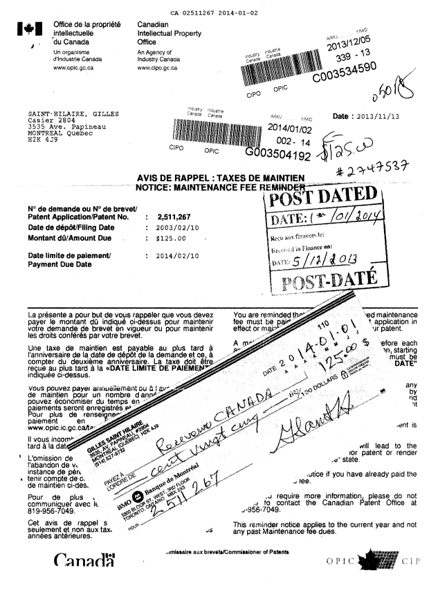 Document de brevet canadien 2511267. Taxes 20140102. Image 1 de 1
