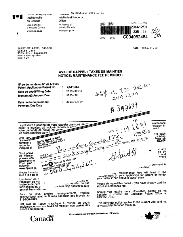 Document de brevet canadien 2511267. Taxes 20141201. Image 1 de 1