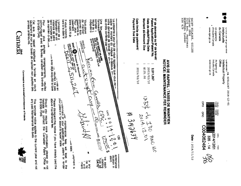 Document de brevet canadien 2511267. Taxes 20141201. Image 1 de 1