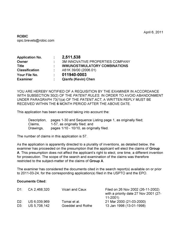 Document de brevet canadien 2511538. Poursuite-Amendment 20110406. Image 1 de 4