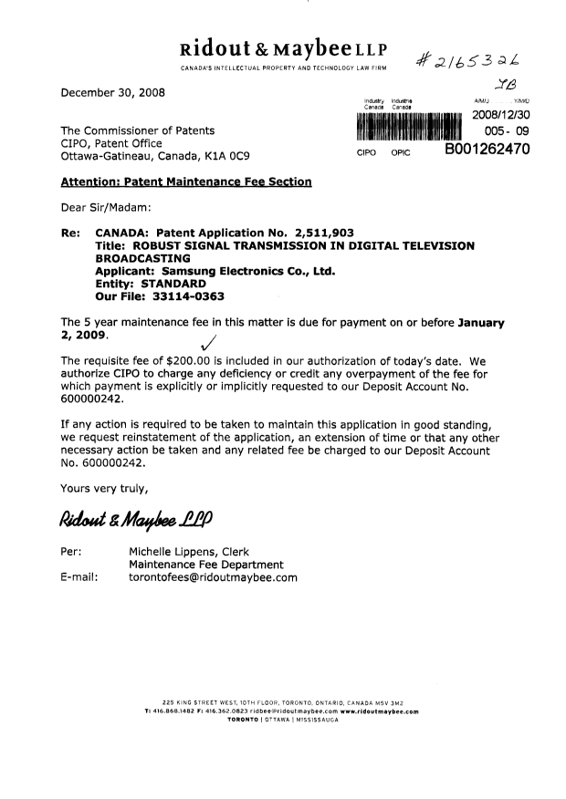 Document de brevet canadien 2511903. Taxes 20081230. Image 1 de 1