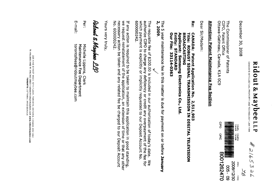 Canadian Patent Document 2511903. Fees 20081230. Image 1 of 1