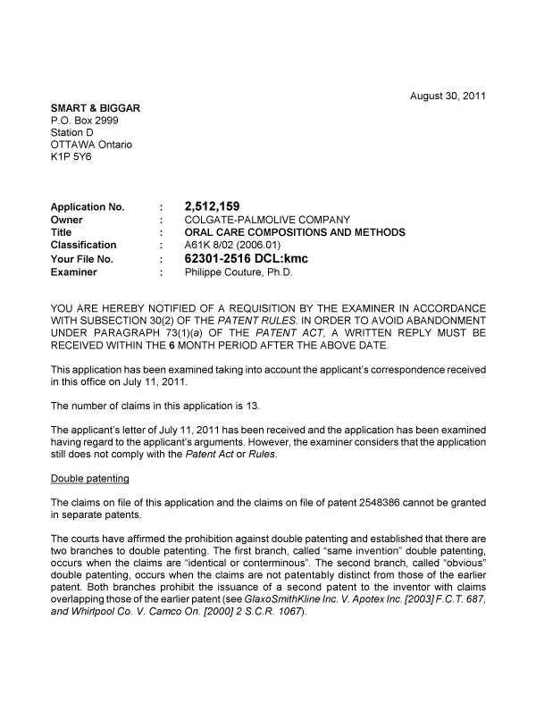 Canadian Patent Document 2512159. Prosecution-Amendment 20110830. Image 1 of 3