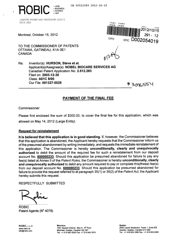 Document de brevet canadien 2512283. Correspondance 20121015. Image 1 de 2