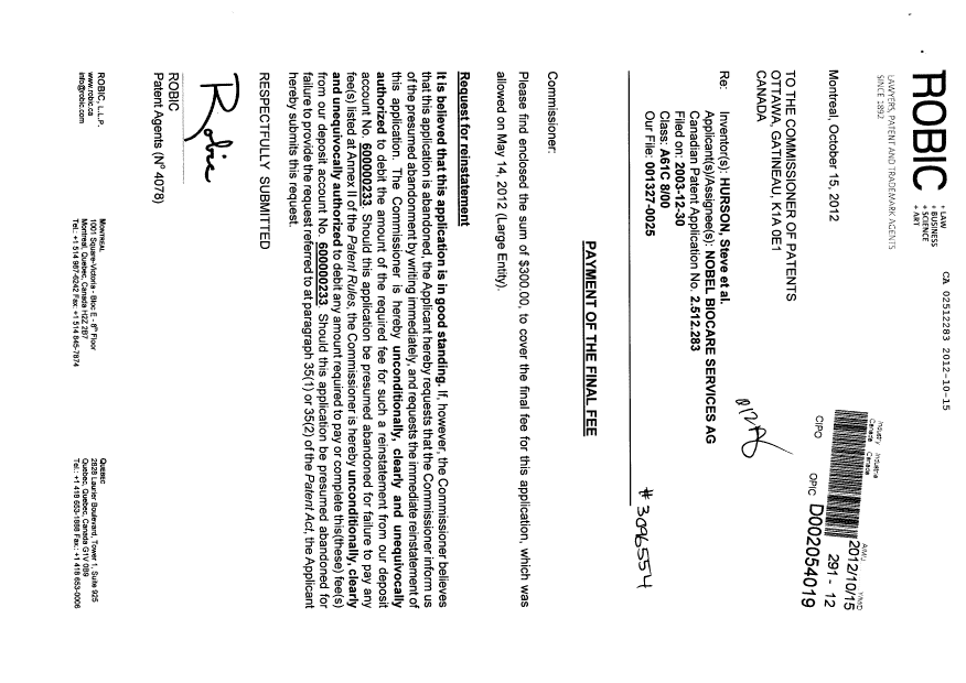 Canadian Patent Document 2512283. Correspondence 20121015. Image 1 of 2