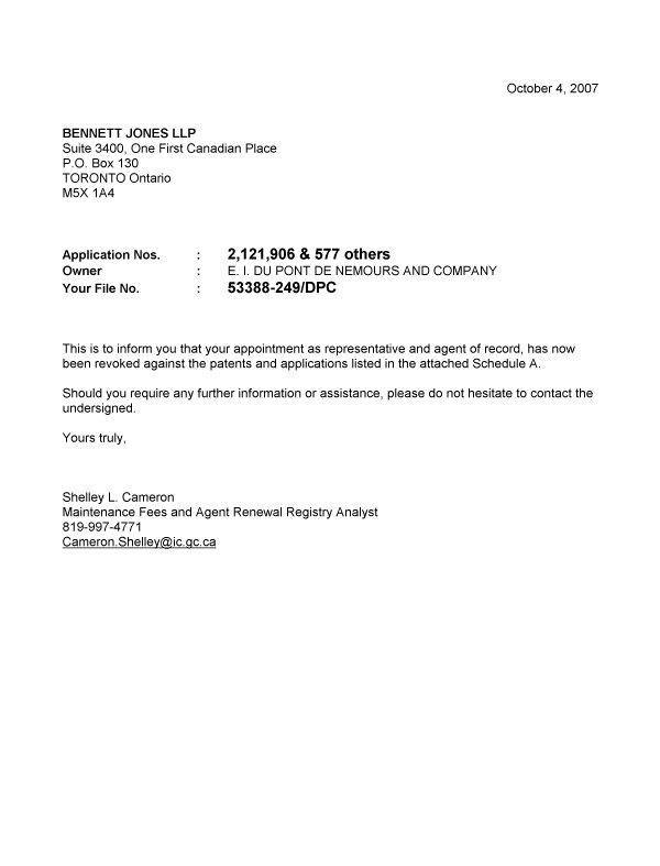 Document de brevet canadien 2512313. Correspondance 20071009. Image 1 de 1