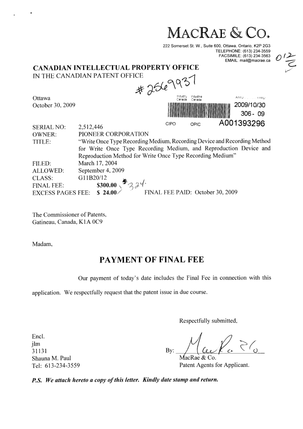 Canadian Patent Document 2512446. Correspondence 20091030. Image 1 of 1