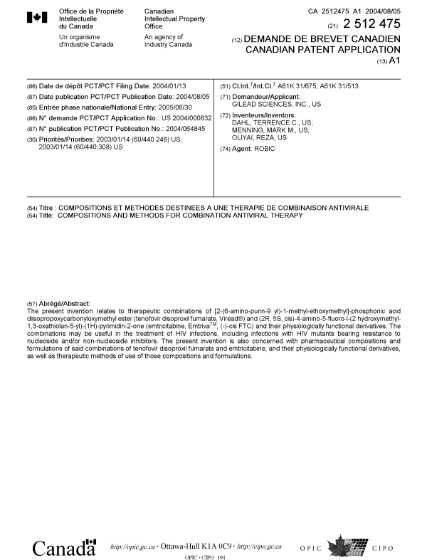 Document de brevet canadien 2512475. Page couverture 20041223. Image 1 de 1