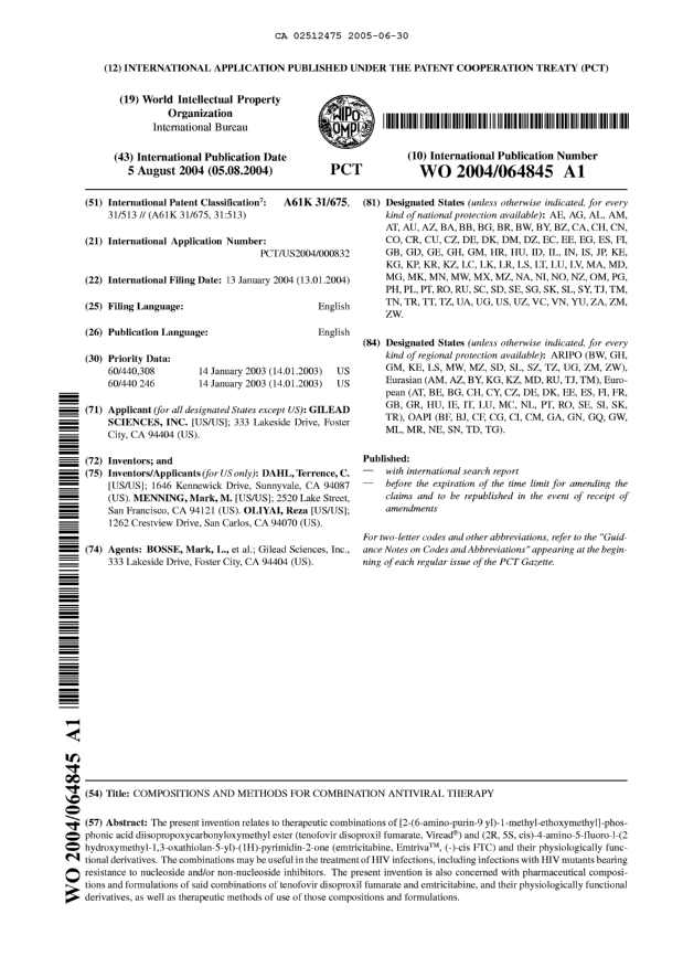 Document de brevet canadien 2512475. Abrégé 20041230. Image 1 de 1