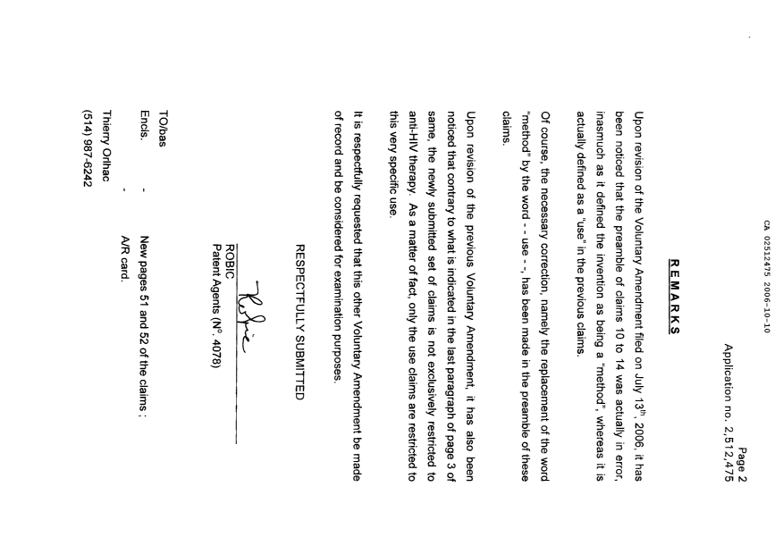 Document de brevet canadien 2512475. Poursuite-Amendment 20051210. Image 2 de 4