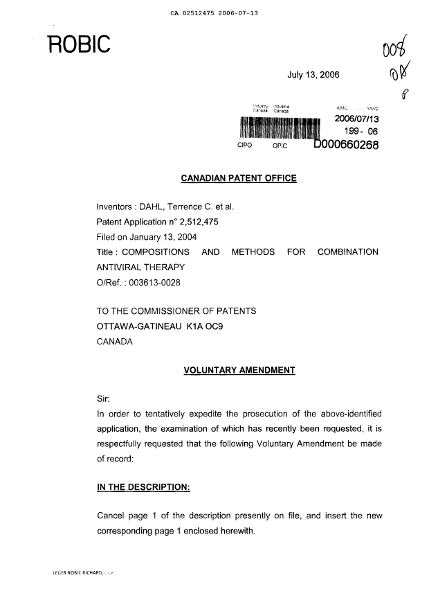 Canadian Patent Document 2512475. Prosecution-Amendment 20051213. Image 1 of 11