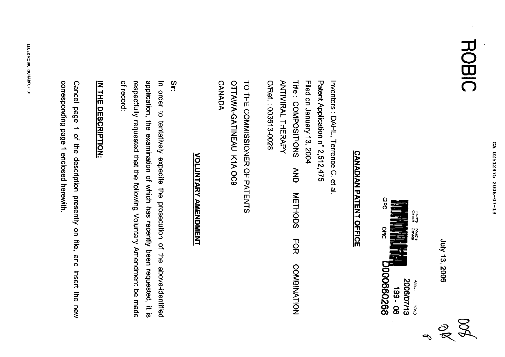 Canadian Patent Document 2512475. Prosecution-Amendment 20051213. Image 1 of 11