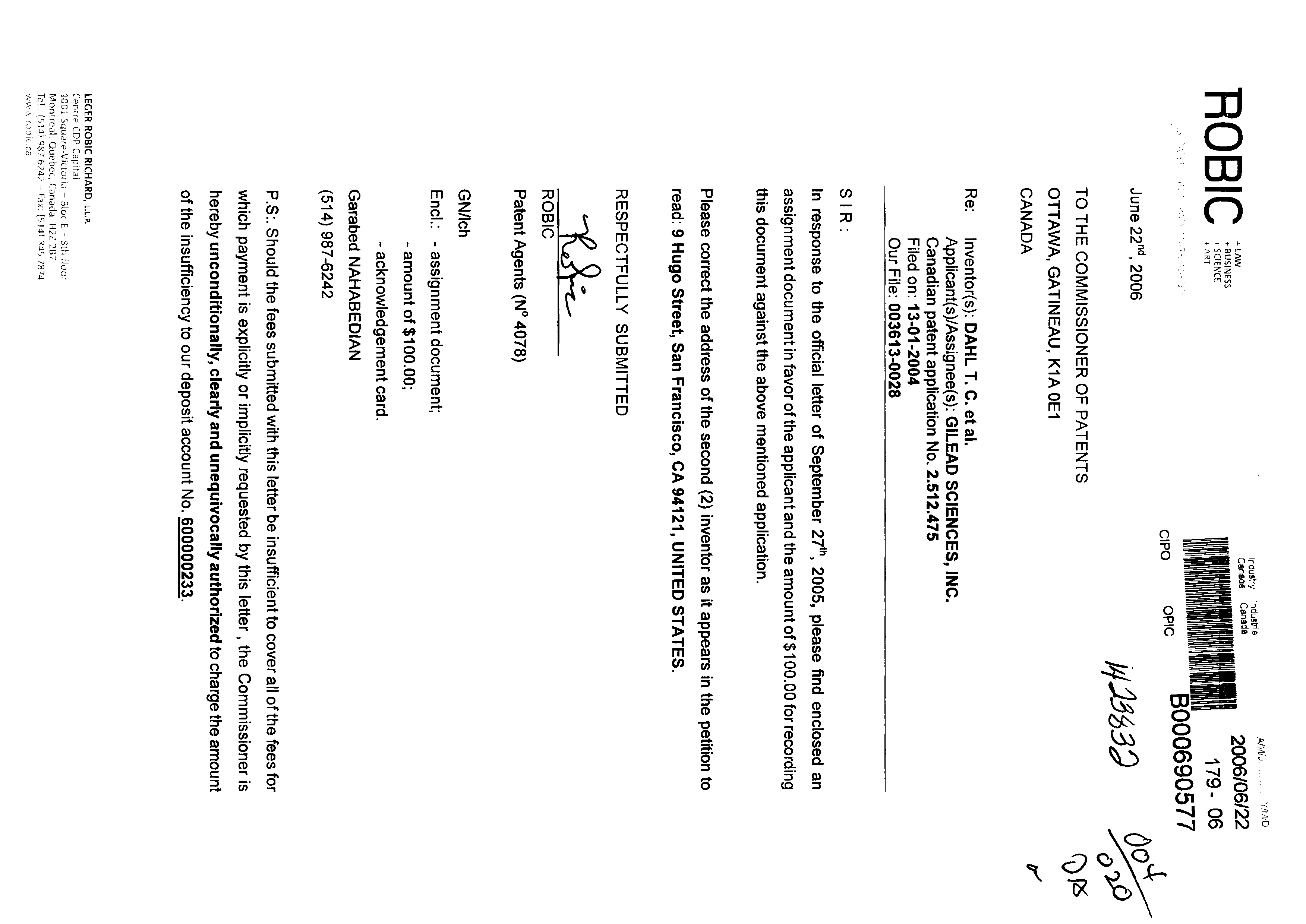 Document de brevet canadien 2512475. Correspondance 20051222. Image 1 de 1