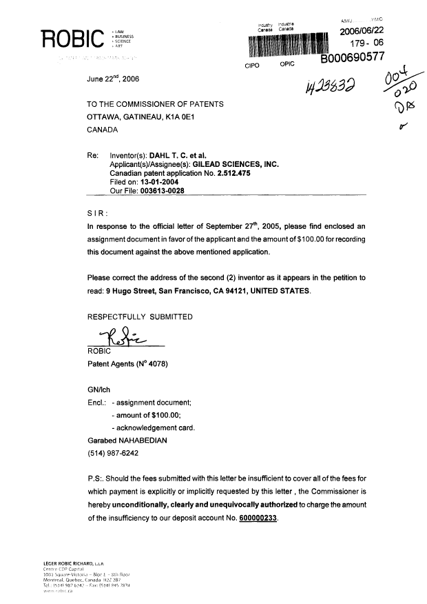 Canadian Patent Document 2512475. Correspondence 20051222. Image 1 of 1