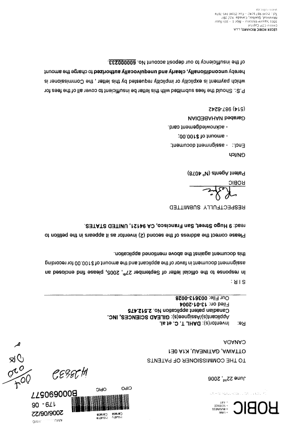 Canadian Patent Document 2512475. Correspondence 20051222. Image 1 of 1