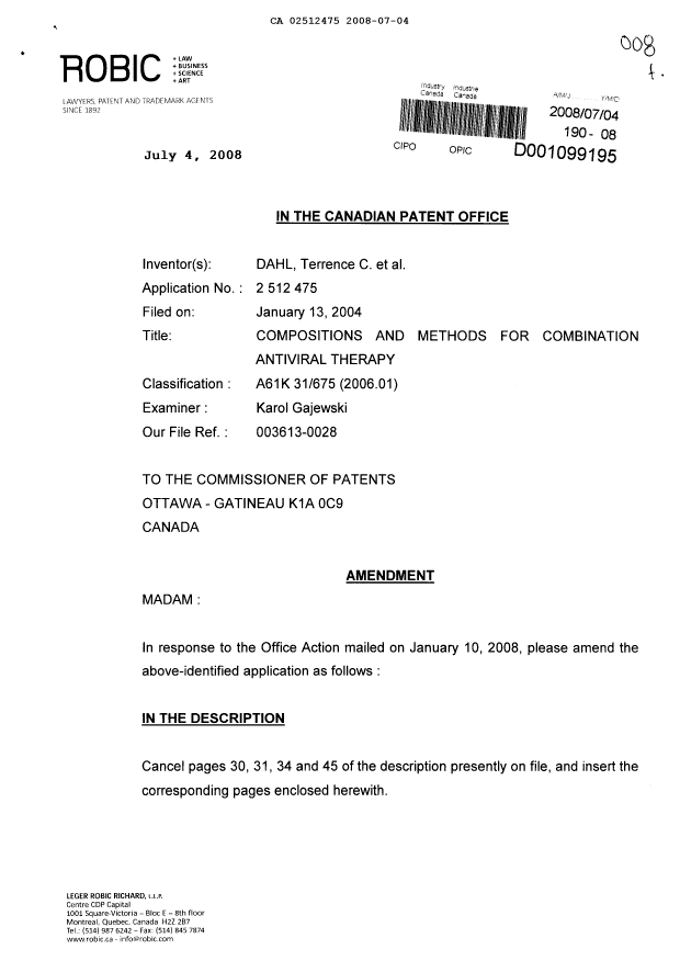 Document de brevet canadien 2512475. Poursuite-Amendment 20071204. Image 1 de 18