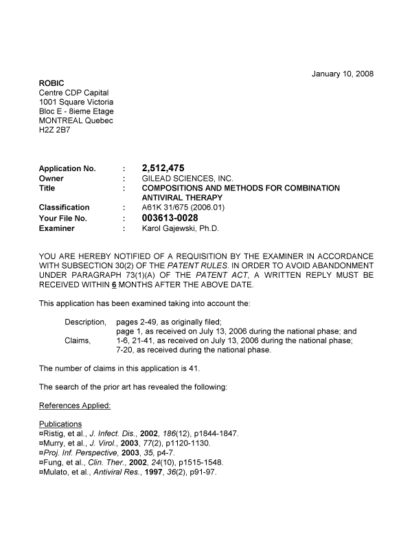 Canadian Patent Document 2512475. Prosecution-Amendment 20071210. Image 1 of 3