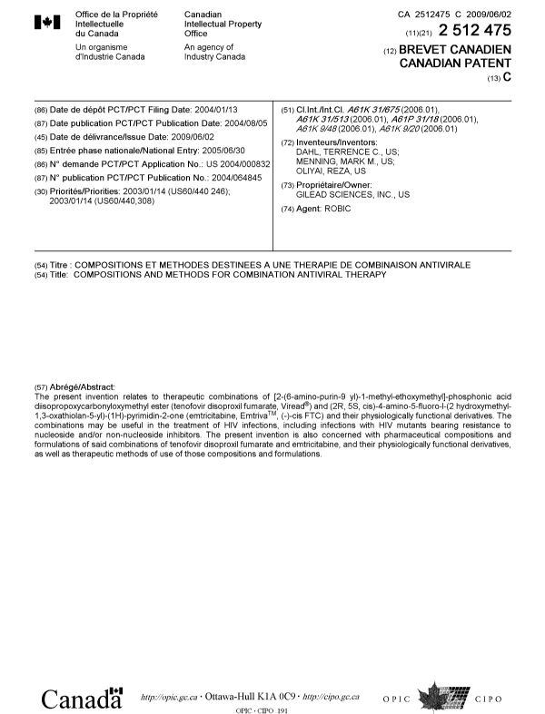 Document de brevet canadien 2512475. Page couverture 20081211. Image 1 de 1