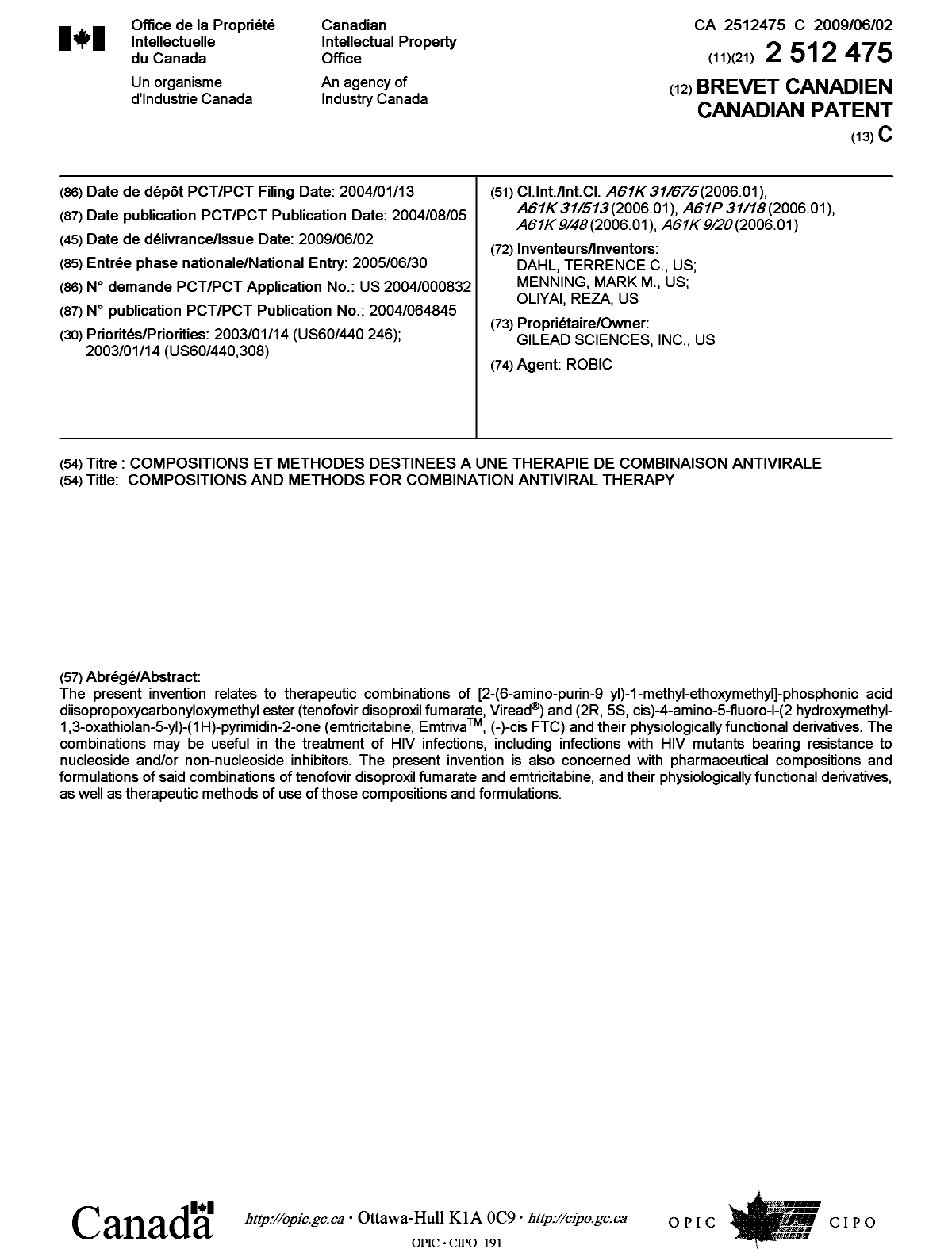 Canadian Patent Document 2512475. Cover Page 20081211. Image 1 of 1