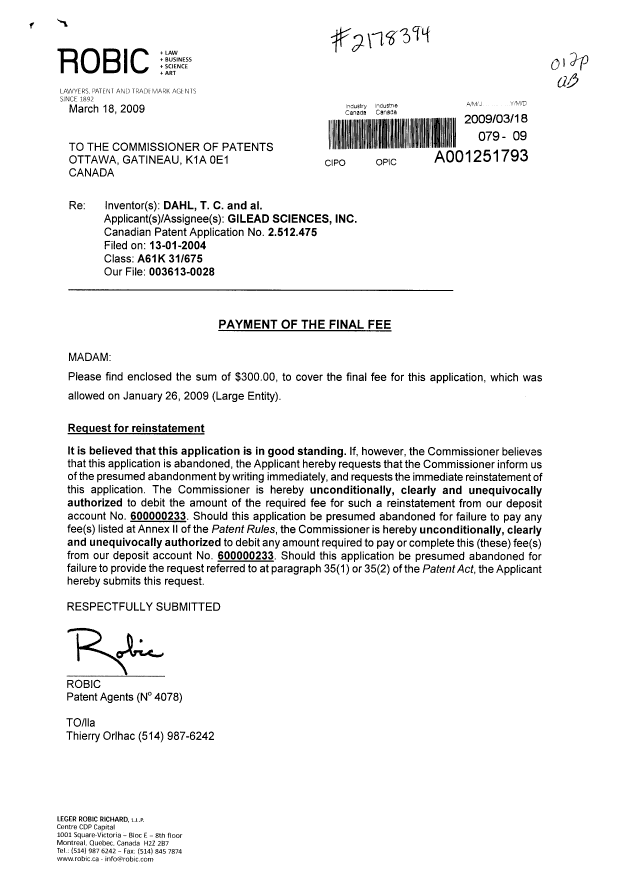 Canadian Patent Document 2512475. Correspondence 20081218. Image 1 of 2