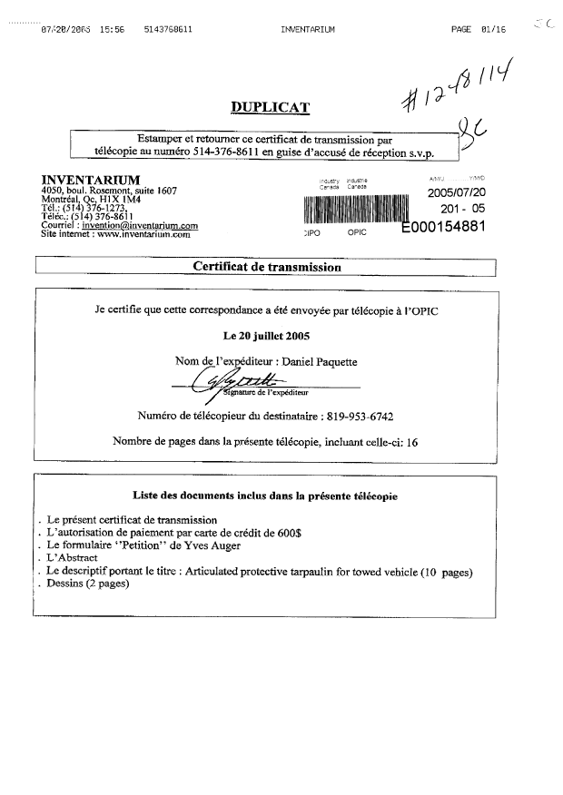 Document de brevet canadien 2512619. Cession 20050720. Image 1 de 2