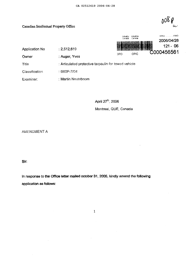 Canadian Patent Document 2512619. Prosecution-Amendment 20051228. Image 1 of 16