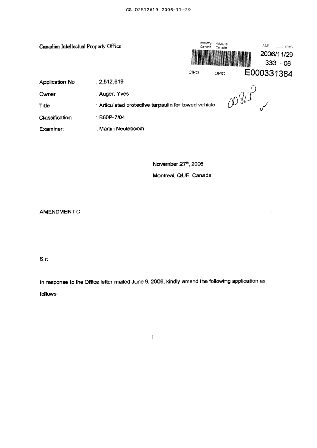 Document de brevet canadien 2512619. Poursuite-Amendment 20061129. Image 1 de 18