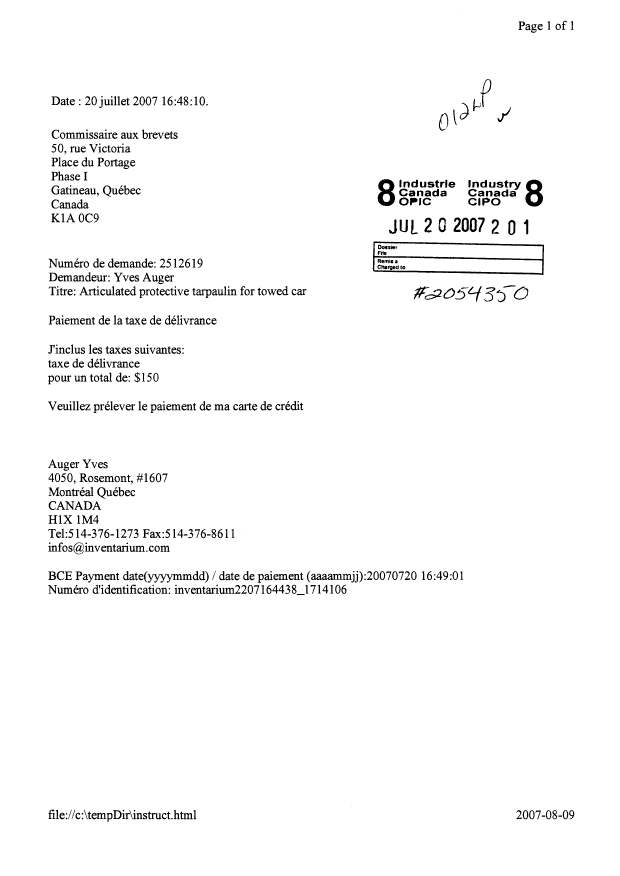 Document de brevet canadien 2512619. Correspondance 20061220. Image 1 de 1