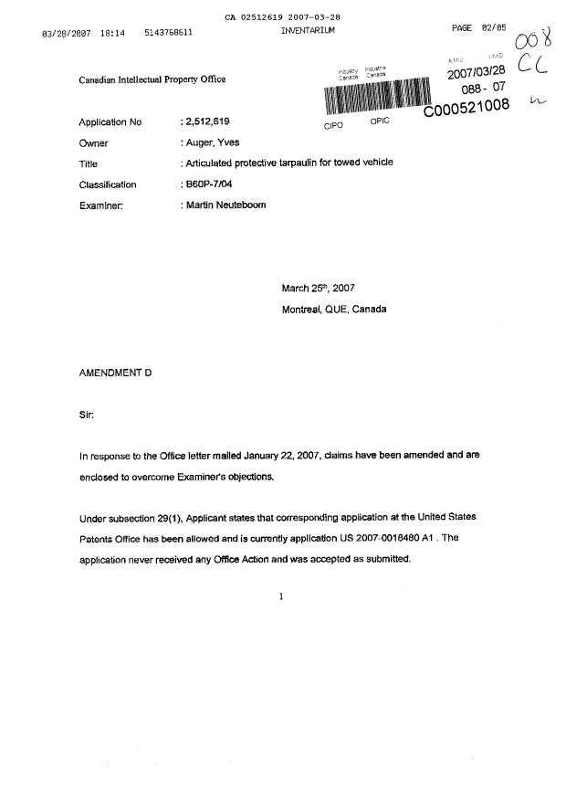 Document de brevet canadien 2512619. Poursuite-Amendment 20070328. Image 1 de 5