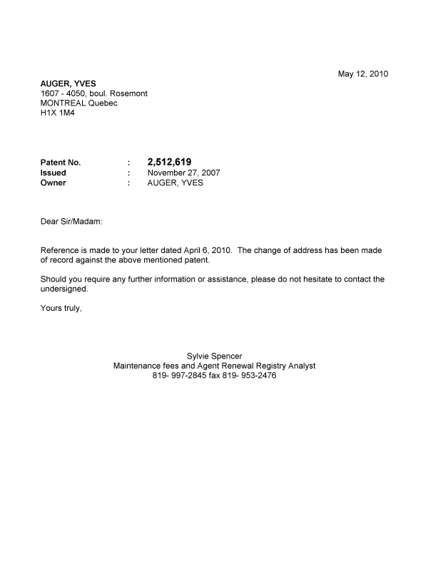 Document de brevet canadien 2512619. Correspondance 20091212. Image 1 de 1