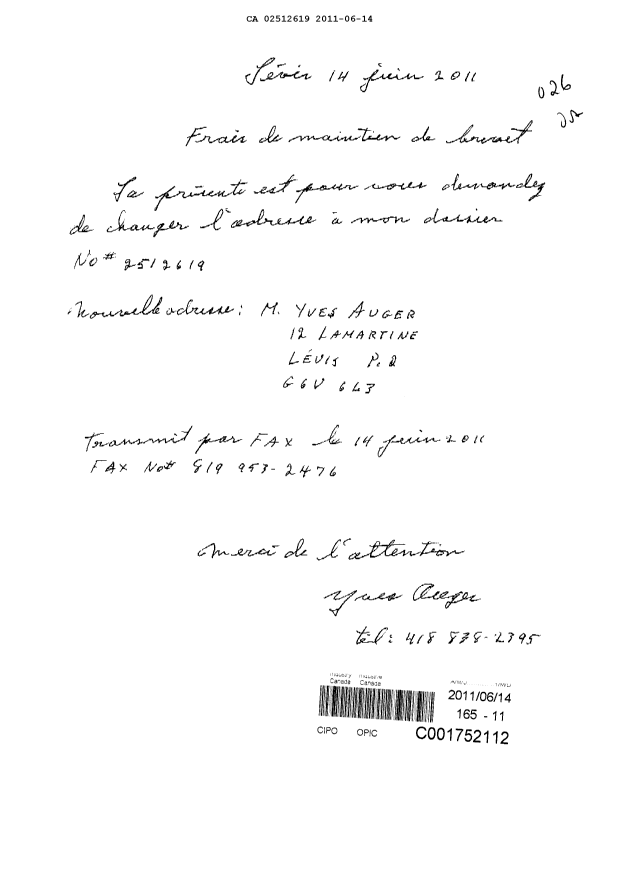 Document de brevet canadien 2512619. Correspondance 20101214. Image 1 de 1