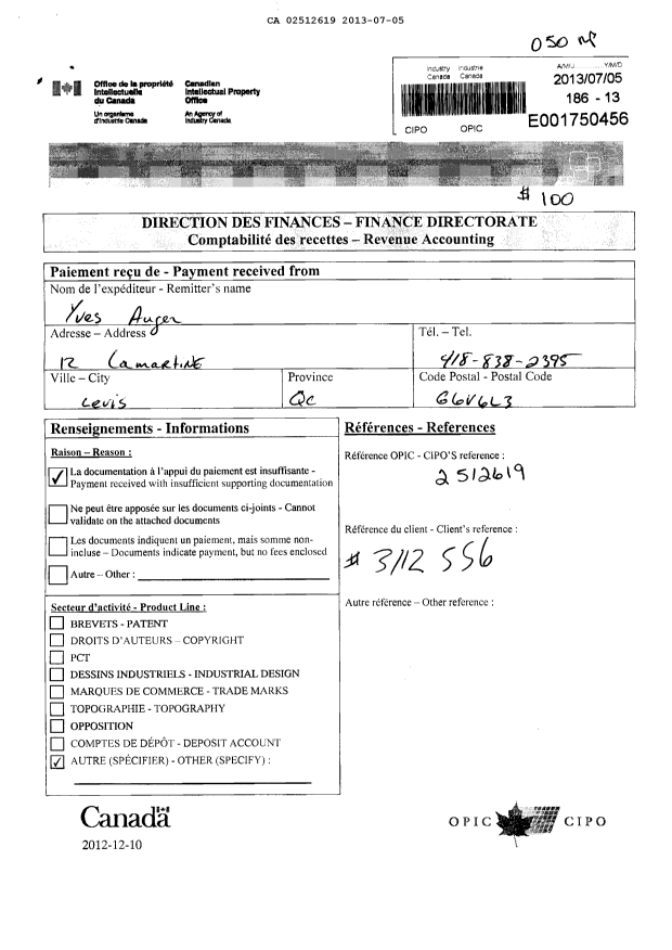 Document de brevet canadien 2512619. Taxes 20130705. Image 1 de 1