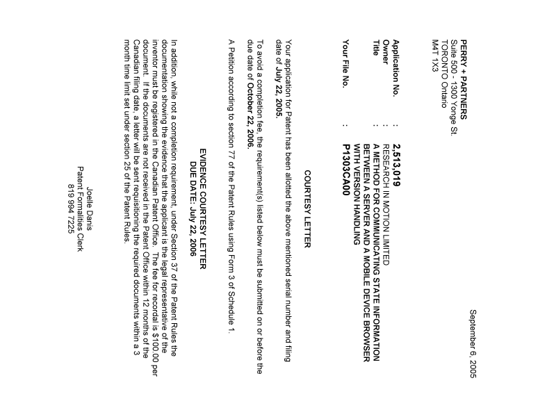 Canadian Patent Document 2513019. Correspondence 20050902. Image 1 of 1