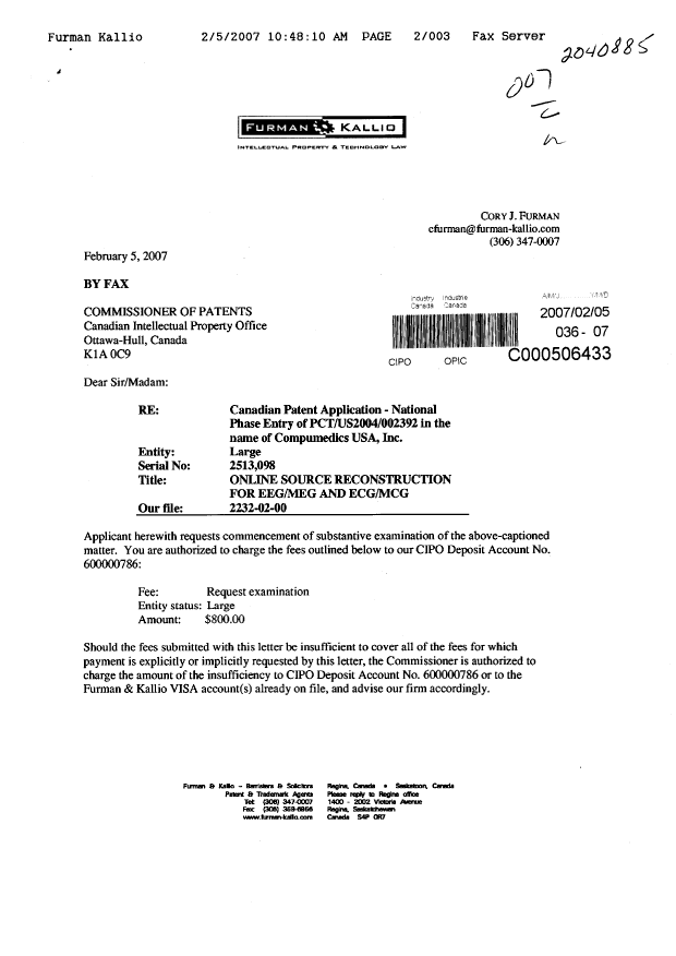 Canadian Patent Document 2513098. Prosecution-Amendment 20070205. Image 1 of 3