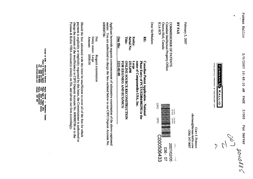 Canadian Patent Document 2513098. Prosecution-Amendment 20070205. Image 1 of 3