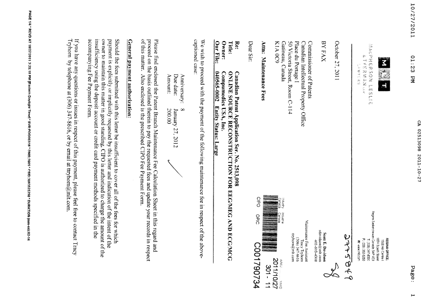 Canadian Patent Document 2513098. Fees 20111027. Image 1 of 3