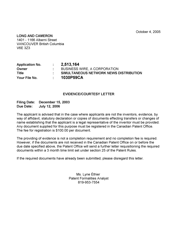 Canadian Patent Document 2513164. Correspondence 20041227. Image 1 of 1