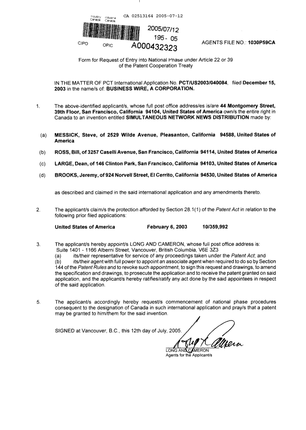 Document de brevet canadien 2513164. Cession 20050712. Image 3 de 3