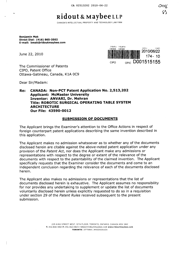 Canadian Patent Document 2513202. Prosecution-Amendment 20100622. Image 1 of 2