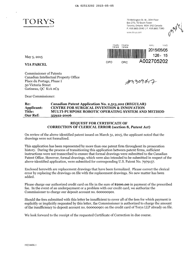 Canadian Patent Document 2513202. Correspondence 20150505. Image 1 of 13