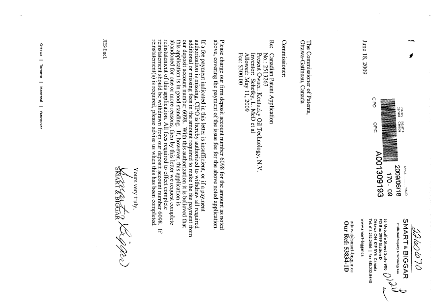 Canadian Patent Document 2513263. Correspondence 20090618. Image 1 of 1