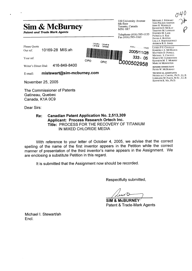 Document de brevet canadien 2513309. Correspondance 20051128. Image 1 de 2