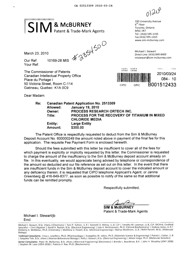 Document de brevet canadien 2513309. Correspondance 20100324. Image 1 de 1