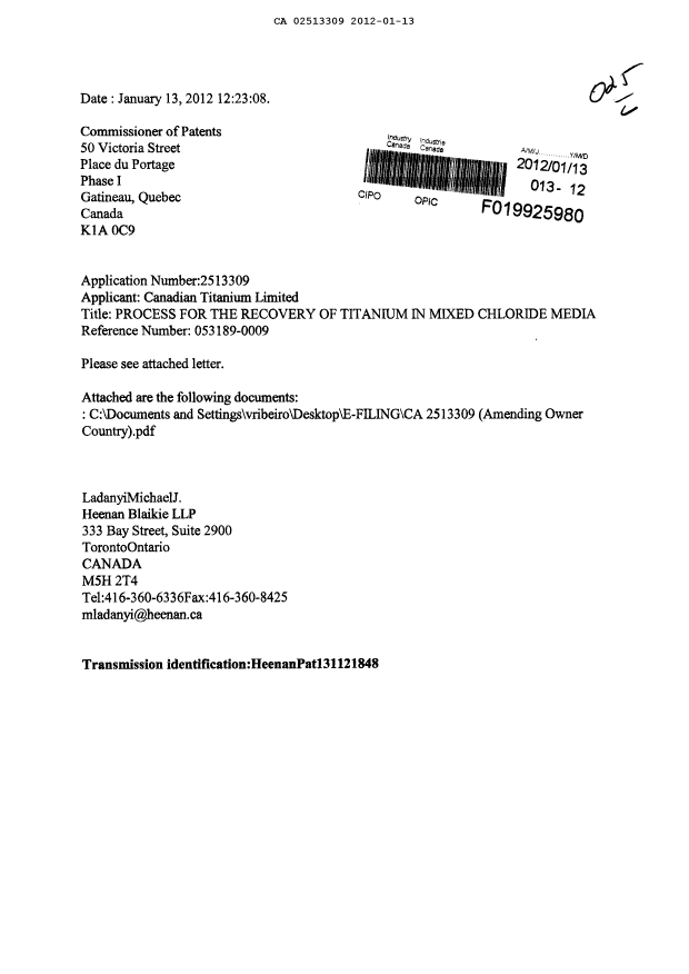 Document de brevet canadien 2513309. Cession 20120113. Image 1 de 6