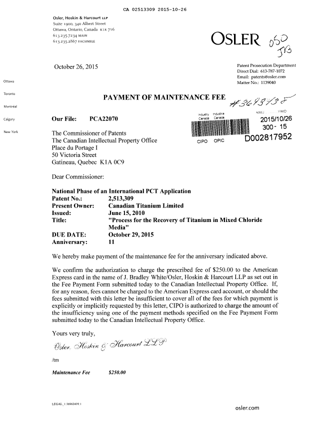 Canadian Patent Document 2513309. Maintenance Fee Payment 20151026. Image 1 of 1