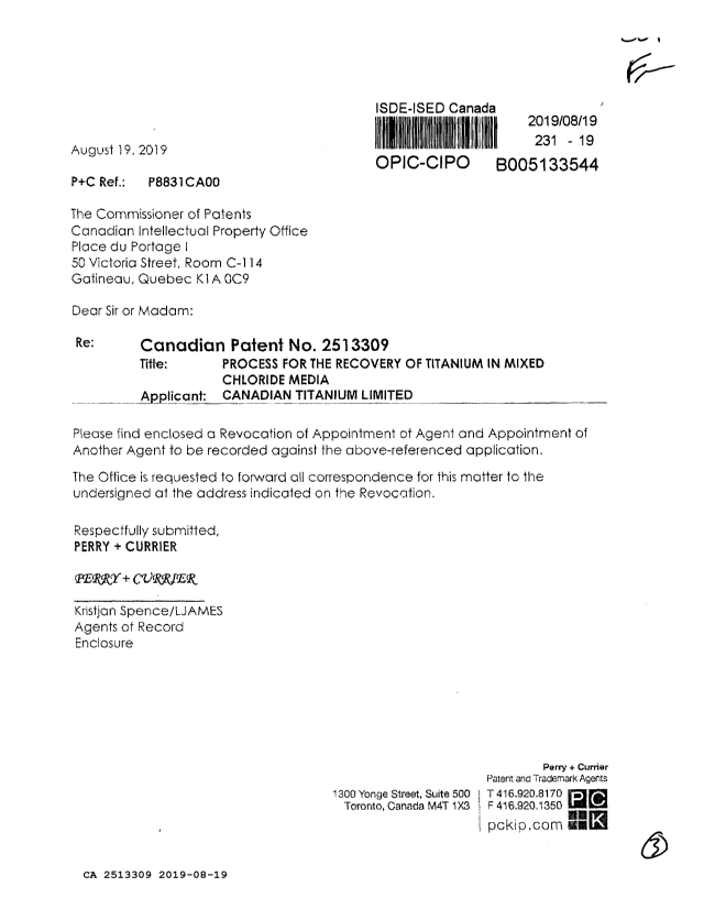 Document de brevet canadien 2513309. Changement de nomination d'agent 20190819. Image 1 de 3