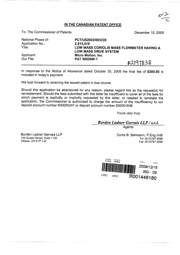 Canadian Patent Document 2513419. Correspondence 20091215. Image 1 of 1